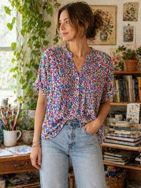 Multicolor Floral Pintuck Blouse XL Cottage Artsy Teacher Spring Garden Oversize